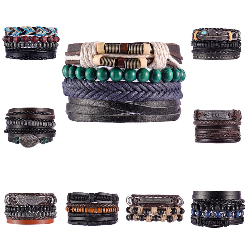New Fashion Design Bohemian Style Cool Mens Leather Link Bracelet Handmade Vintage Multilayer Adjustable Bracelets-image-581809274