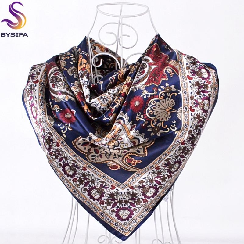 

BYSIFA] Winter Navy Blue Silk Muffler Imitated 2020 New Design Paisley Silk Scarves Wraps 90*90CM Ladies Brand Satin Scarf Cape