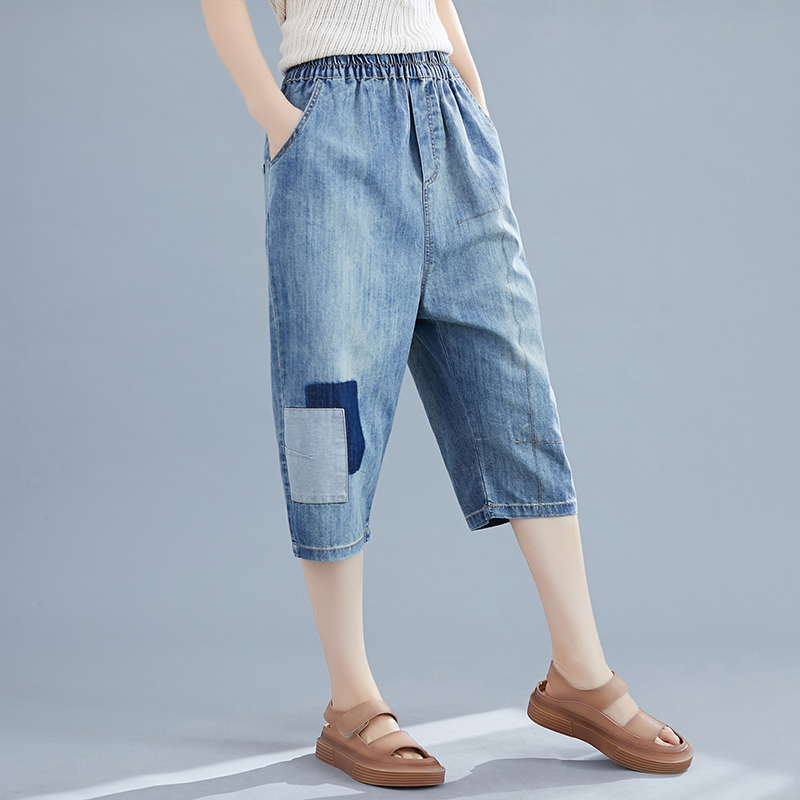 

oversizes patchwork pocket women jeans 2020 summer vintage straight calf length female jeans top quality, Blue