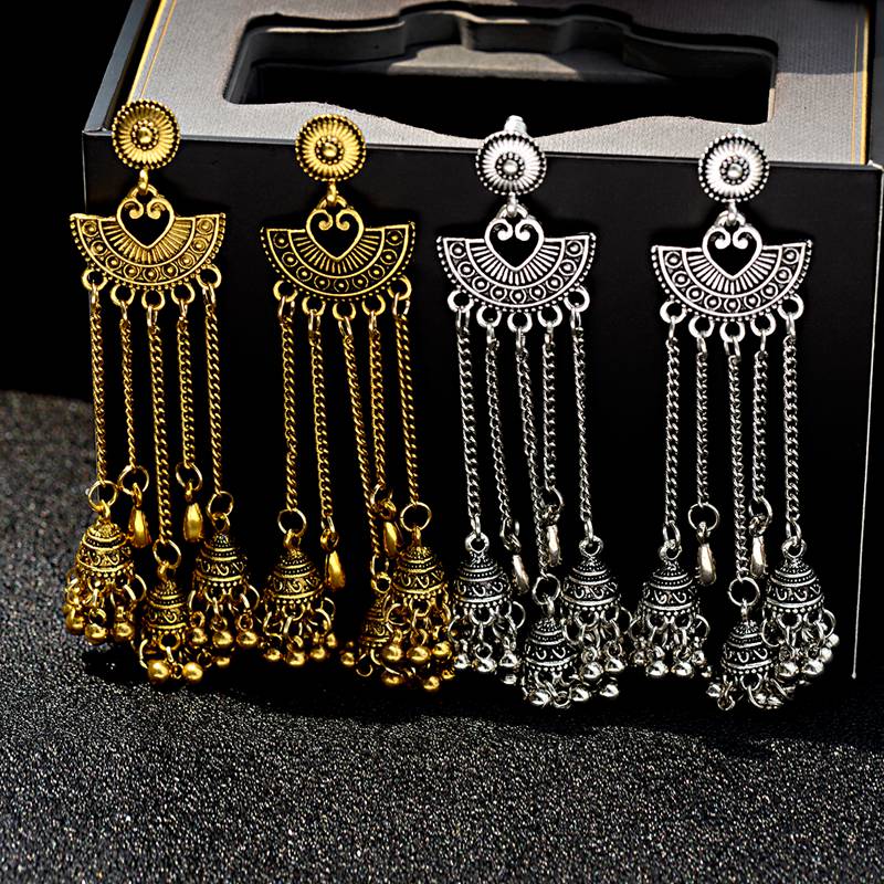 

OIQUEI Boho Style Women Jhumka Earrings 2020 Gold Sliver Metal Big Bells Dangle Long Tassel Earring Ladies Gypsy Jewelry