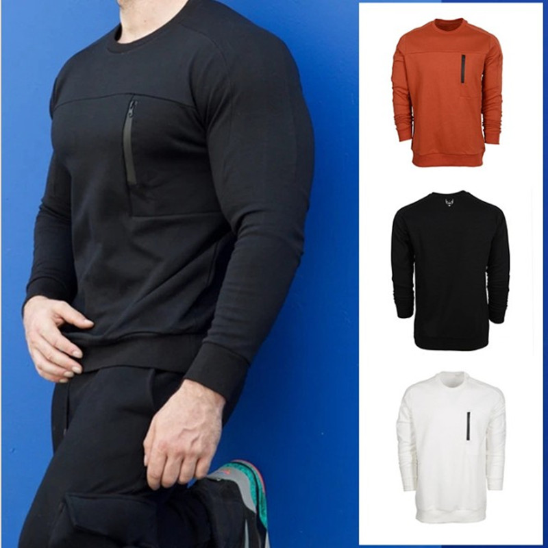 

New Solid Color Sleeve Pleated Patch Detail Long Sleeve T-Shirt Men Spring Casual Tops Thick Solid Fashion Slim Basic Tops 2020, Black