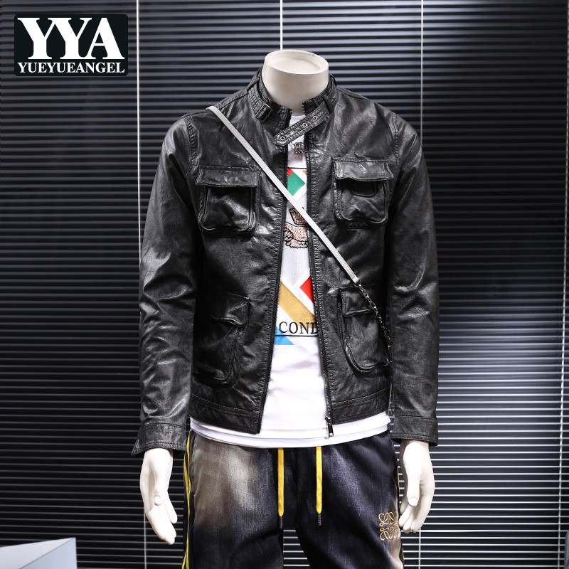 

Autumn New Stand Collar Pockets Slim Fit Pu Leather Jacket Casual Short Faux Leather Coat Man Fashion Moto Biker Outwear Jackets, Black
