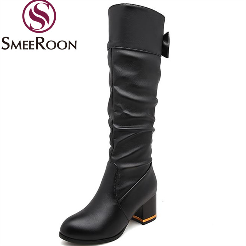 

Smeeroon hot sale sweet butterfly-knot knee high boots for women med heels boots leisure warm winter ladies shoes, White