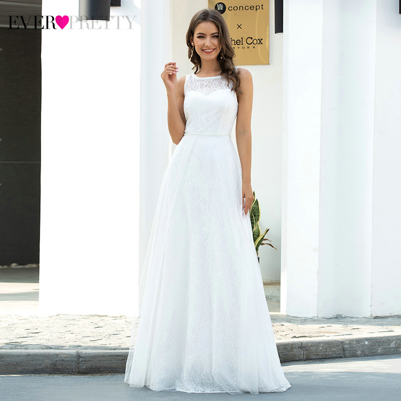 

Illusion Lace Wedding Dresses Ever Pretty A-Line O-Neck Sleeveless Draped Tulle Elegant Formal Bride Gowns Vestido De Noiva 2020, White