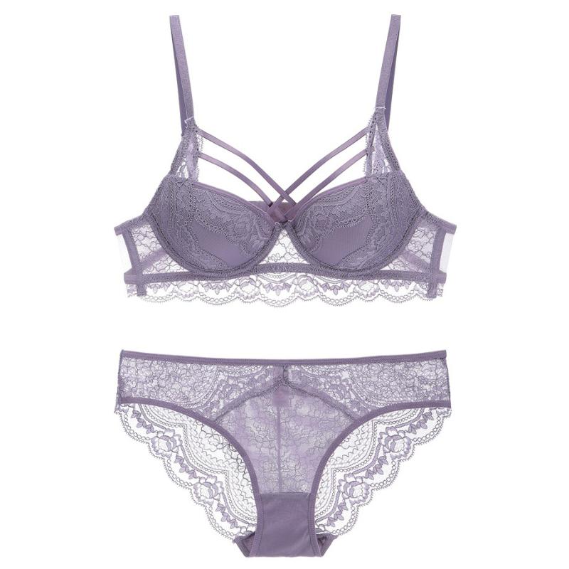 

New Top Sexy Underwear Set Cotton Push-up Bra and Panty Sets 3/4 Cup Hollow Out Lace Lingerie Set Women Deep V Brassiere Black