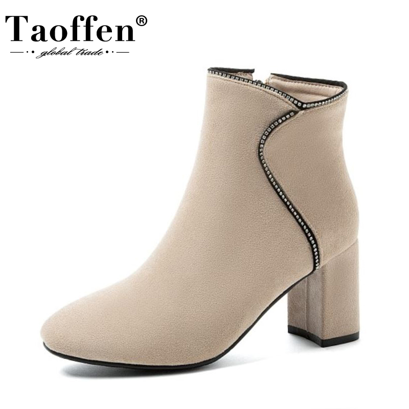 

Taoffen New Fashion Ankle Boots Round Toe Thick Heel Zipper Flock Classic Shoes Solid Rhinestone Ladies Footwear Size 33-43, Black