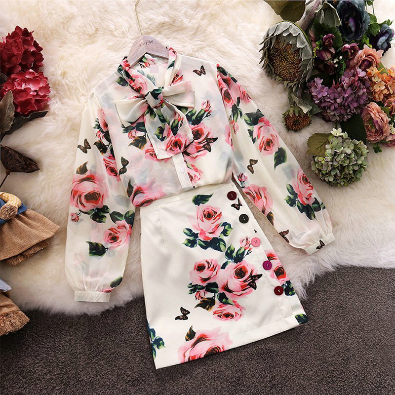 

2020 autumn New women flower print o-neck lace-up bow chiffon shirt + High Waist button sheath skirt suits female two piece sets, White