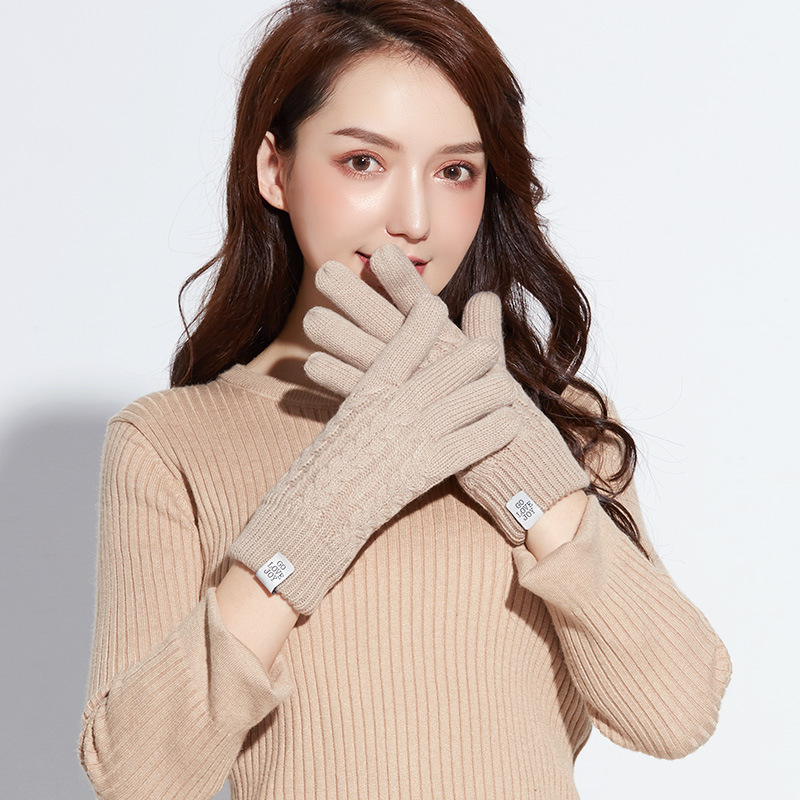 

New knitted gloves ladies autumn winter outdoor travel double thick windproof plus velvet warm touch screen
