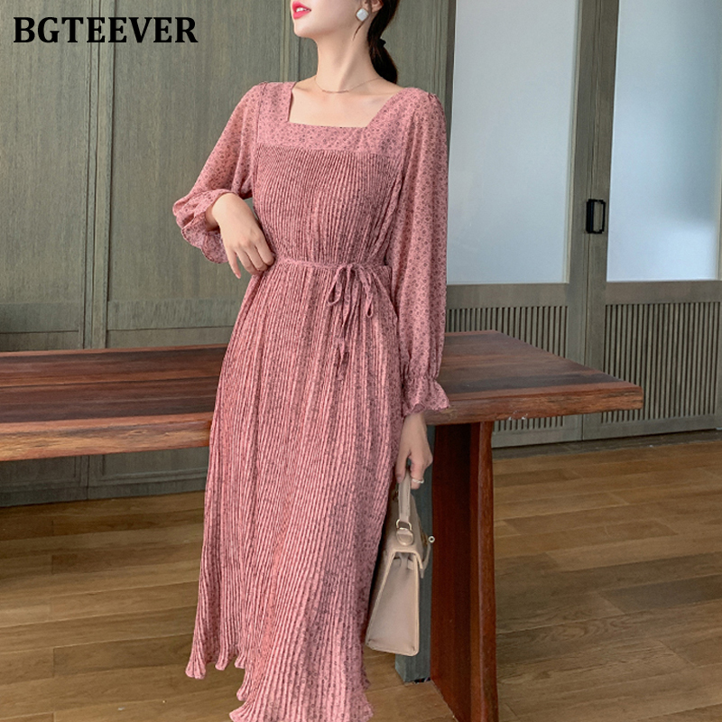 

BGTEEVER Stylish Long Sleeve Women Floral Print Dress Square Collar A-line Lace-up Female Midi Dress 2020 Chiffon Vestidos, Black