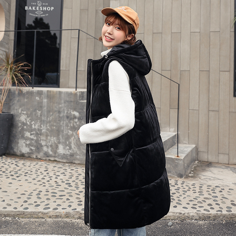 

2020 Long Woman Cotton Elegant Fashion Slim Autumn Winter Thicken Warm Sleeveless Hooded Jacket Vest Coat Waistcoat Outwear, Black