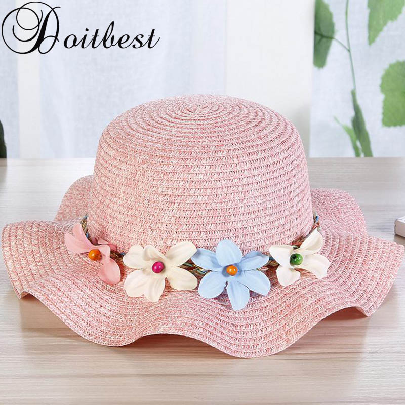 

2020 Korea 6 colors Summer Children four flowers Simple Wavy large brimmed straw hat boys girls Beach Hats Parent-child sun hat, Green