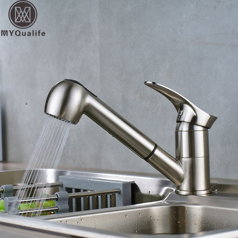 

Pull Out Kitchen Sink Faucet Single Lever Kitchen Mixer Tap Brushed Nickel Sprayer Steam Spout Hot Cold Water Faucet for