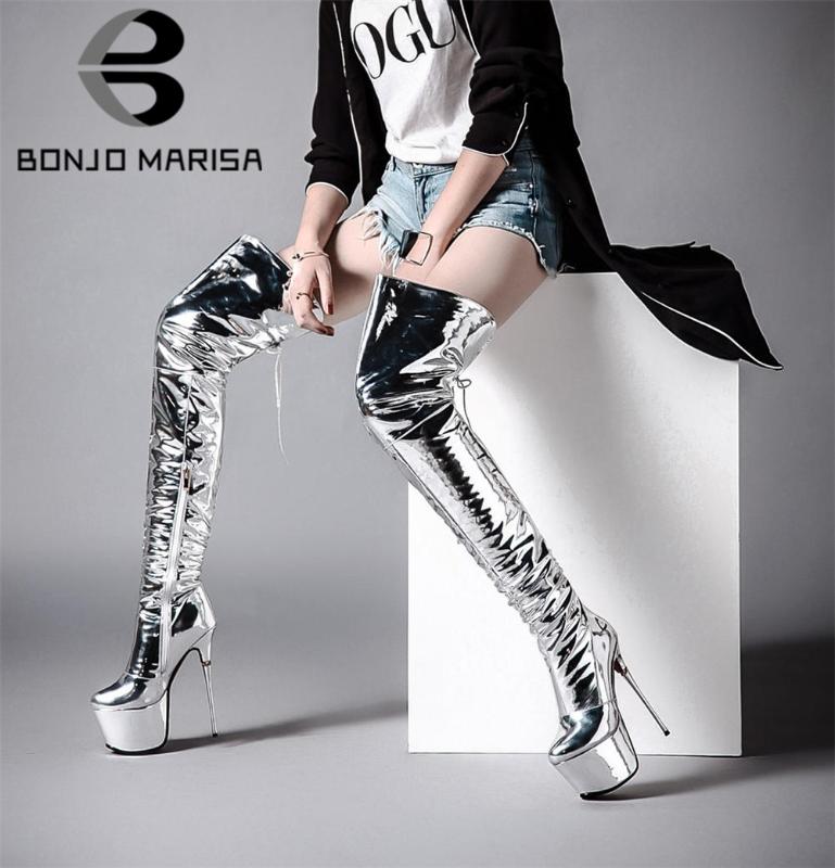 

BONJOMARISA Sexy Ladies High Heels Fashion Over The Knee Boots Platform Thin Heel Party Dress Boots Women Autumn Shoes Woman, Silver