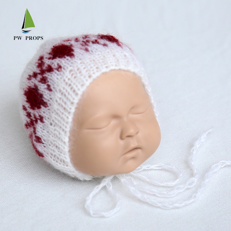 

Christmas Hat Newborn Knit Mohair Bonnet Photography Props Crochet Fluffy Pom Pom Bonnet Baby Photo Props, As photo