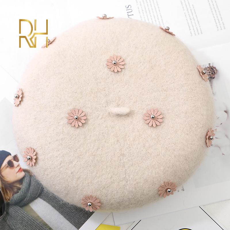

Beret Hats Women Winter French Hat Girl Solid Color Fashion Floral Autumn Spring Beret Hat For Women Flat Cap Felt Berets RH, Black