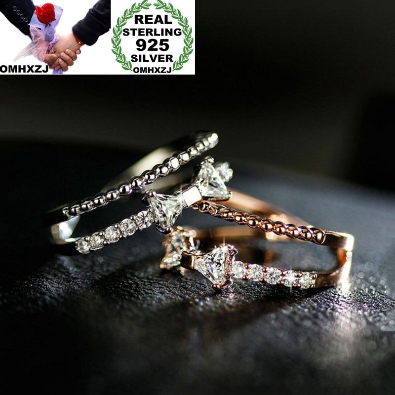

OMHXZJ Wholesale European Fashion Woman Girl Party Wedding Gift Rose Gold Bowknot Zircon 925 Sterling Silver Ring RR225