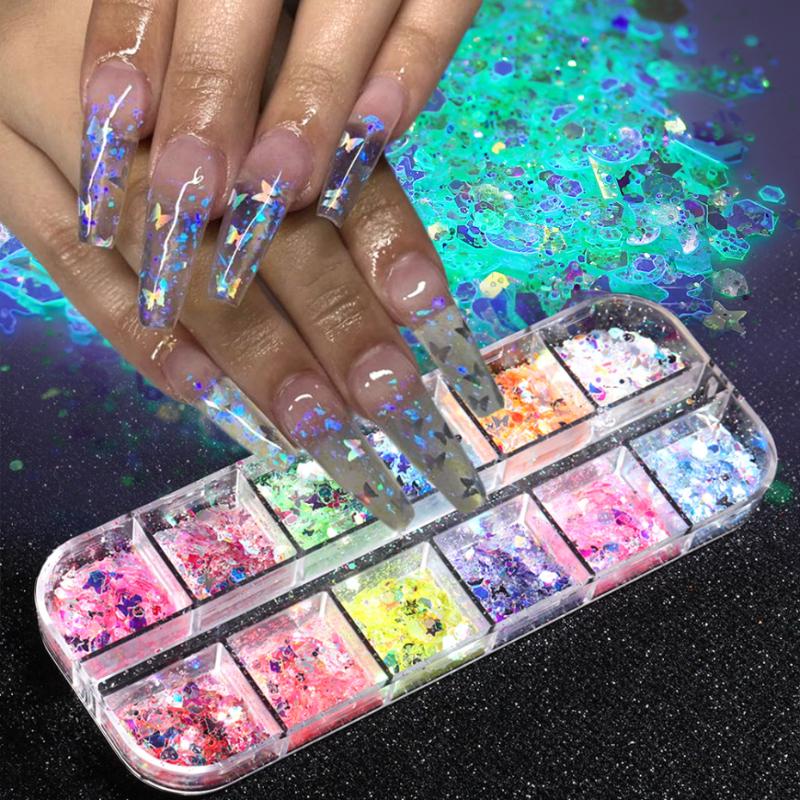 

Fluorescence Glitter Nail Sequins Butterfly Heart Hexagon Nail Art Decorations UV Gel Polish Mirror Holo Powder Flakes LANH/TH