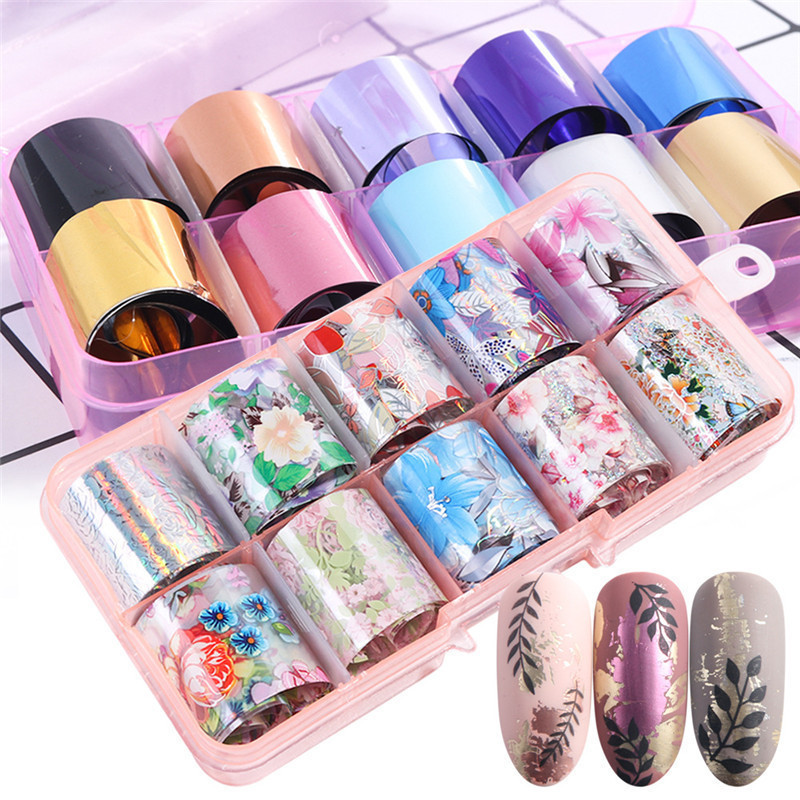 

Nail Art Foil Sticker Set Laser Star Floral Design Transfer Paper Nails Decal Tips Nail Art Party Decoration Adhesive Paper, As picture