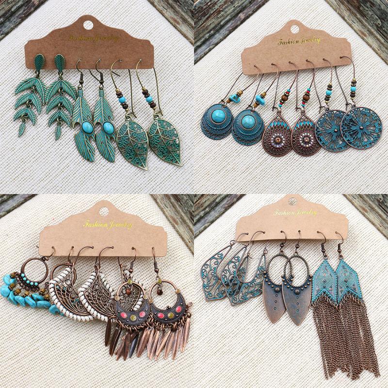 

Multiple Women's Boho Ethnic Vintage Color Dangle Drop Earrings Sets Fashion Feather Wing Dreamcatcher Tassel Ear Charm Jewelry