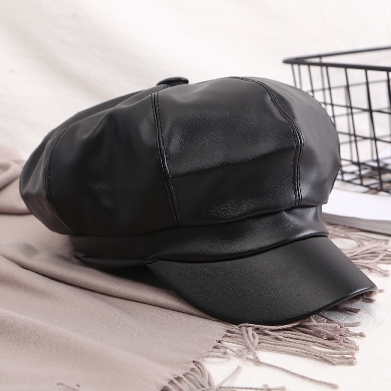 

Autumn and winter new PU leather simple beret painter hat solid color leather octagonal hat men and women outdoor duck