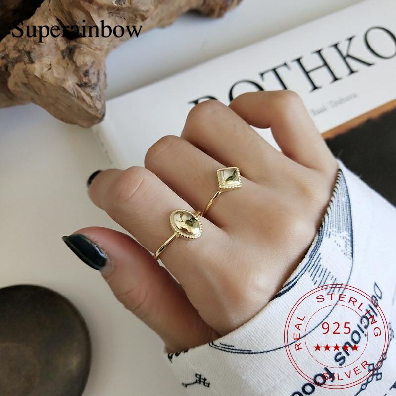 

SUPERAINBOW 925 Sterling Silver Smooth Geometric Oval Rhombus Open Finger Ring for Women Wedding Jewelry SR-R44