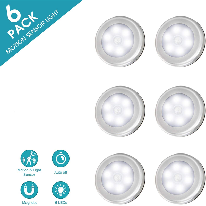

6-Pack Cordless Motion Sensor Puck Light Battery Operated Closet Light Stick On Under Cabinet Light Safety Lamp for Step Stair Bathroom Path