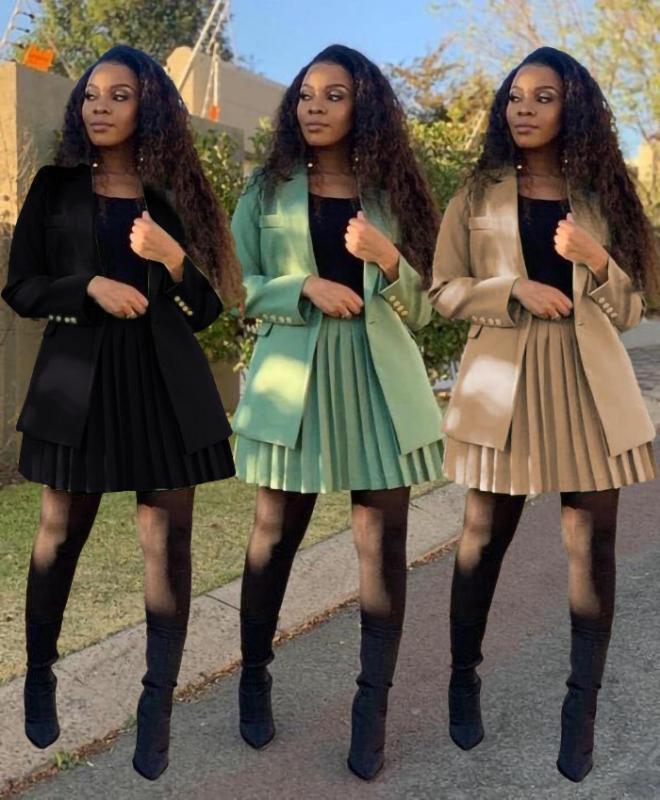 

Ladies Blazer and Pleated Skirt Set 2020 Women Office suits 2 Piece Set Women Business Skirt Suit Female Plus Size 3XL, Black