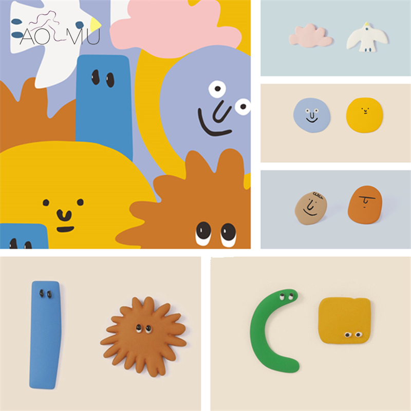 

AOMU 2020 S925 Silver Pin Asymmetric Geometric Cute Enamel Colorful Expression Cartoon Face Matte paint Stud Earrings for Women