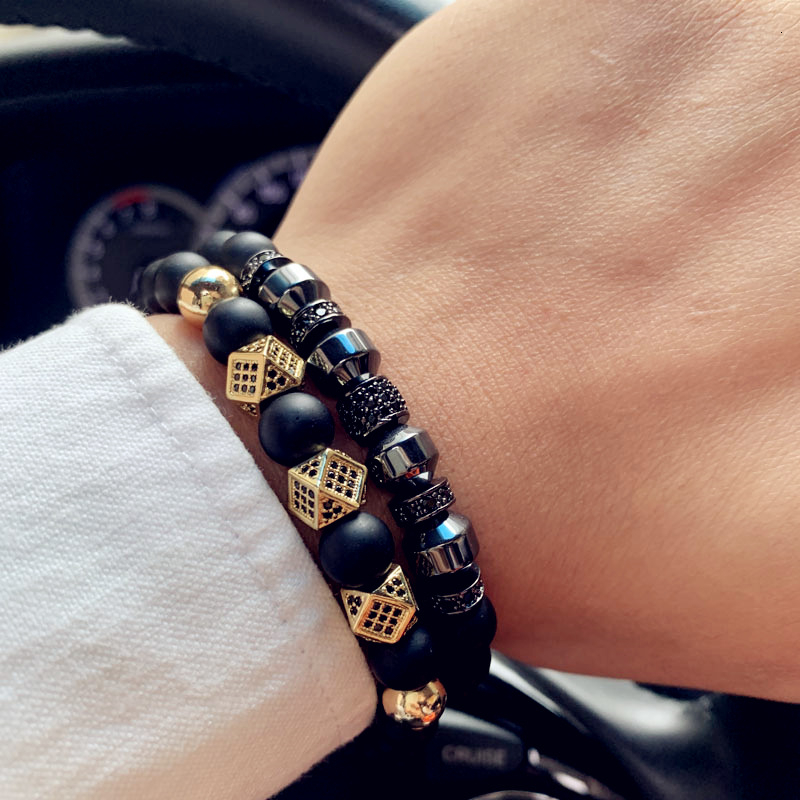 

Pave CZ Cube Charm Luxury Men Bracelet Handmade Strand Stone Bead Bracelet & Bangle For Men Jewelry Gift