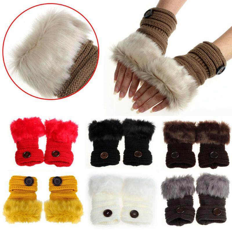 

Women Lady Half Finger Fingerless Knit Wool Gloves Wrist Warmer Hand Protect Winter Faux Fur Warm Half Finger Mittens