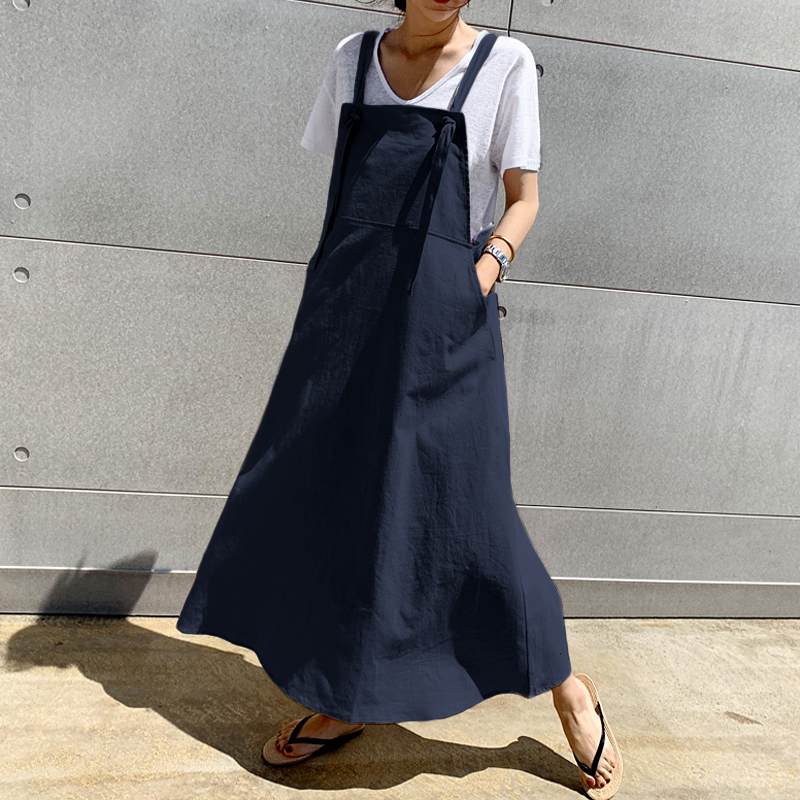 

2020 Celmia Summer Linen Long Dress Casual Apron Dress Fashion Women' Sundress Suspender Overalls Maxi Vestidos Robe Plus Size, A solid black