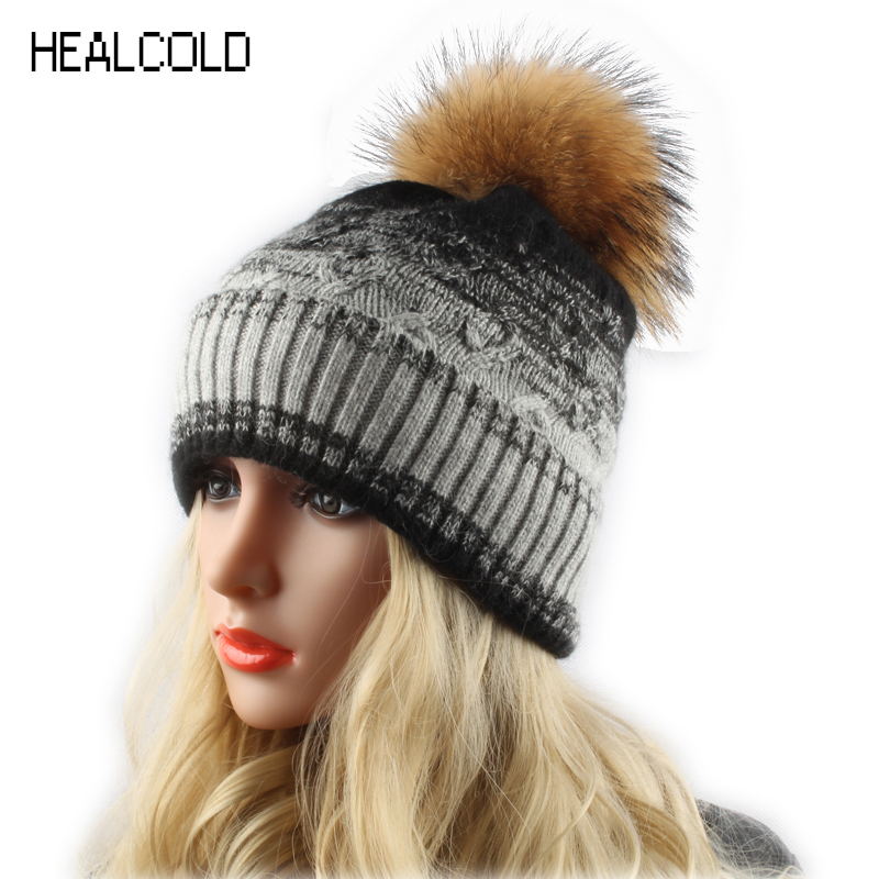 

Winter Hat For Women Knitted Wool Beanies Real Fur Pompom Hats Ladies Thick Warm Cap Skullies, Black
