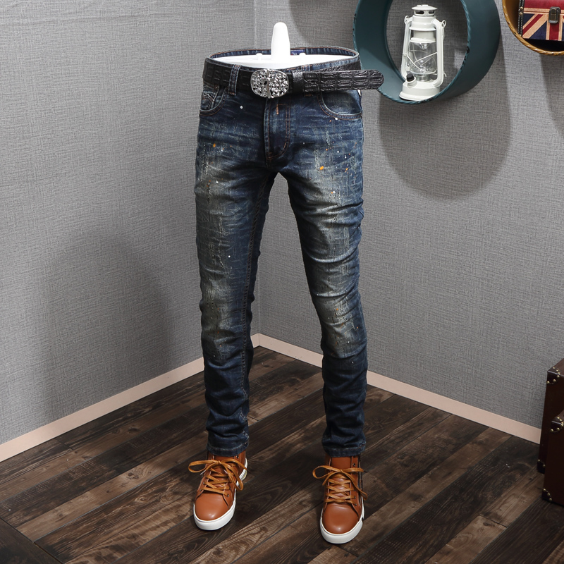 

Fashion Streetwear Men Jeans Retro Dark Blue Slim Fit Elastic Ripped Jeans Men Paint Designer Denim Pants Hip Hop Homme, Retro blue