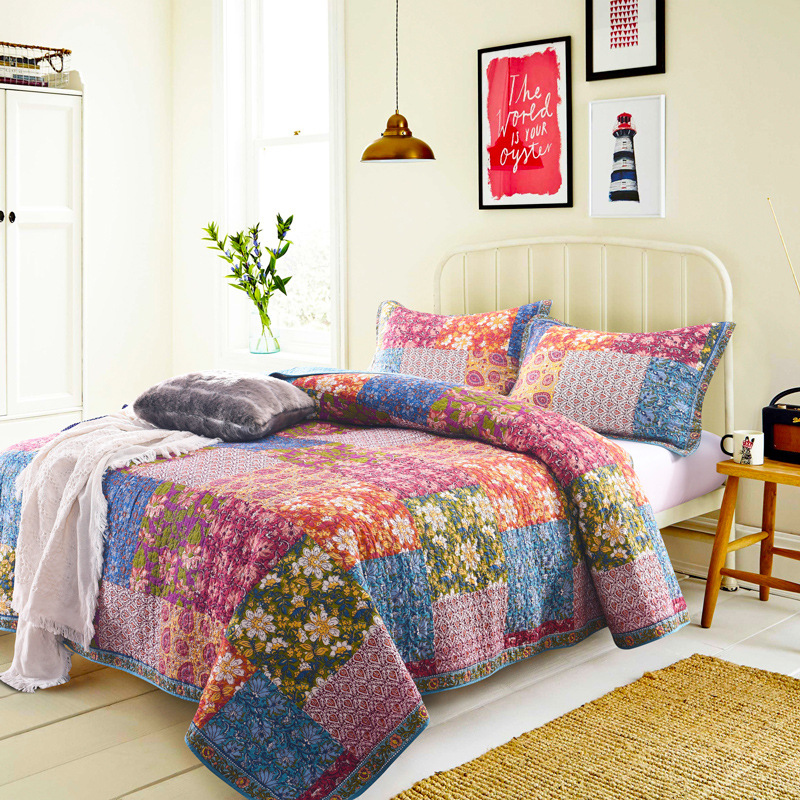 

Bohemia Style Bedspread Quilt Set 3PCS Quilted Quilts Cotton Flowers Printed Blanket Bed Covers  Queen Size Coverlets, Purple