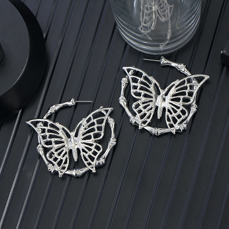 

JUST FEEL New Fashion Bamboo Hoop Earrings for Women Simple Silver Color Hollow Butterfly Geometric Earrings Party Jewelry Gift