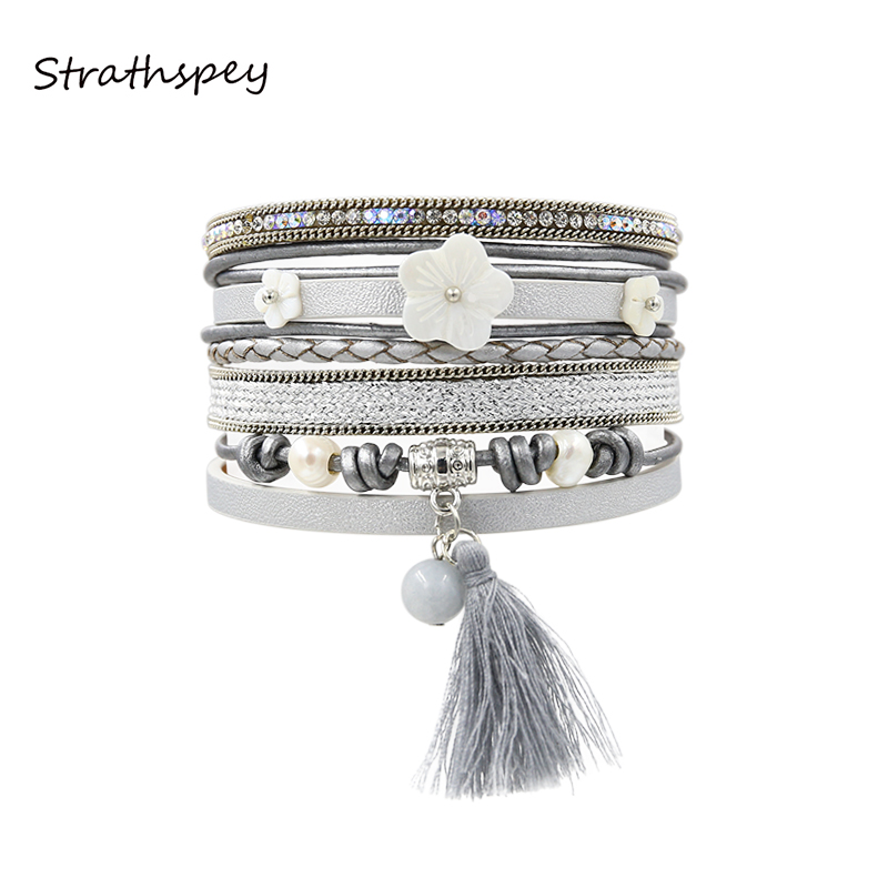 

STRATHSPEY PU leather Bracelets&Bangles For Women Pulseira Bohemia Multi Rows Grey Plaited Shell Flower Strass Set Fabric Tassel