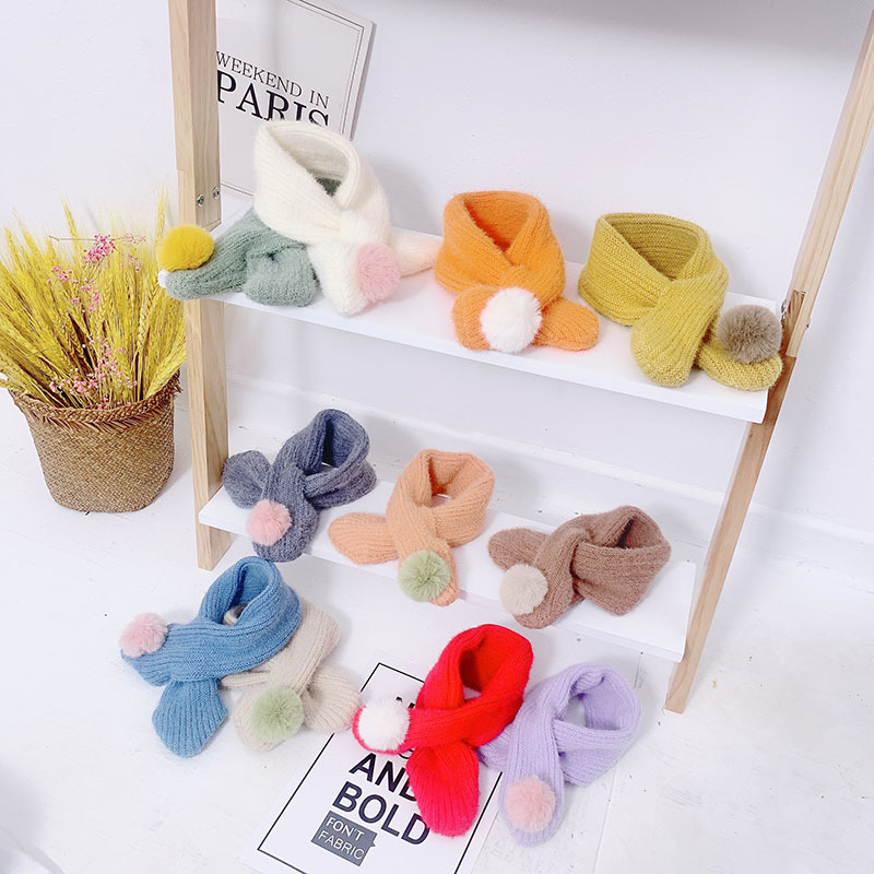 

Autumn Winter New Knitted Wool Monochrome Wool Ball Scarf Children's Simple Versatile Scarf Warm Cute Baby Comfortable B77
