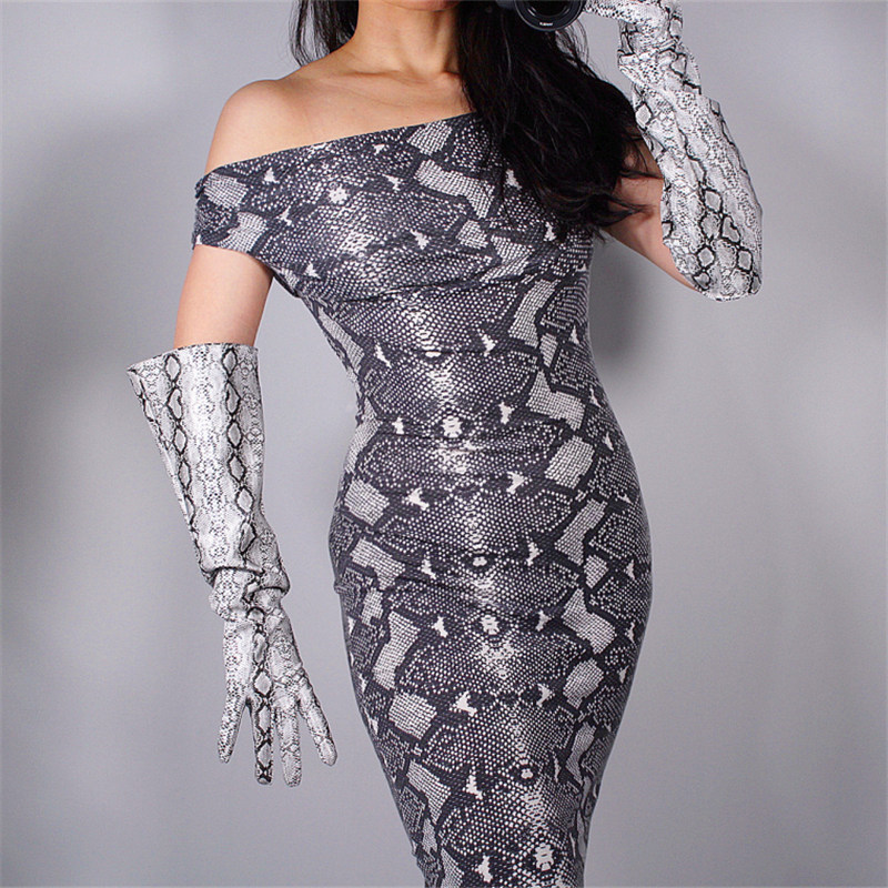 

50cm Patent Leather Long Gloves Big Cuff Lantern Sleeve Emulation Leather Animal Pattern Silver Snake Pattern Female PU78-50W