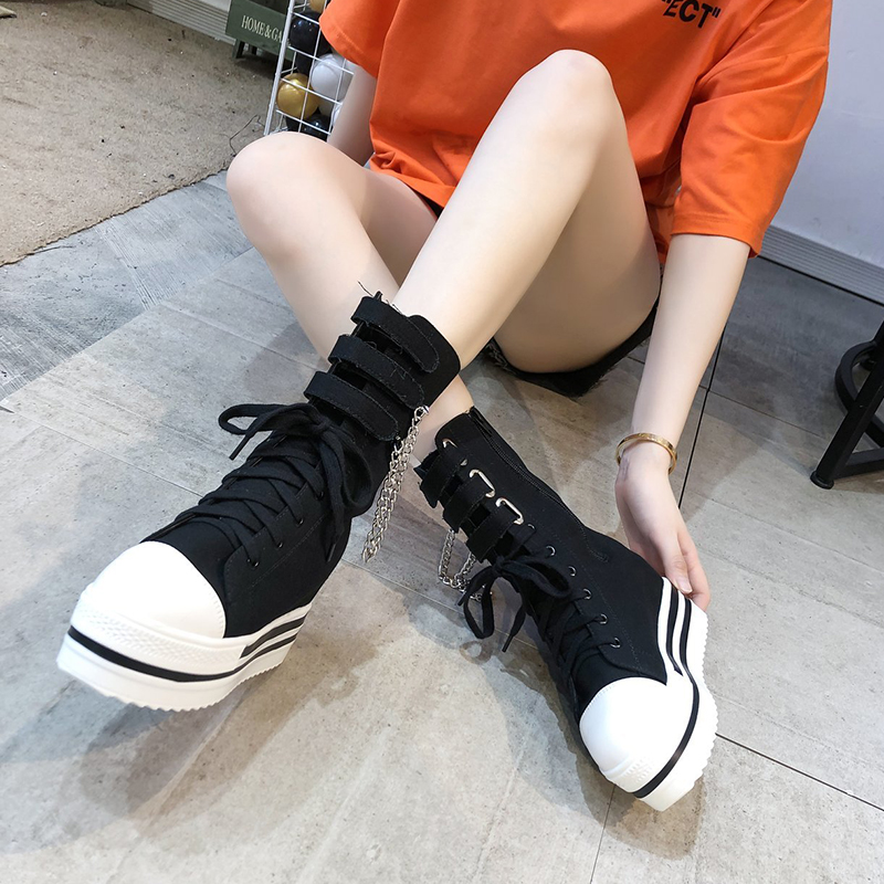 

Thick Bottom Wedge Platform Womens Boots Cowboy Camouflage Metal Chain Motorcycle Boots Woman Height Increasing Shoes, Black
