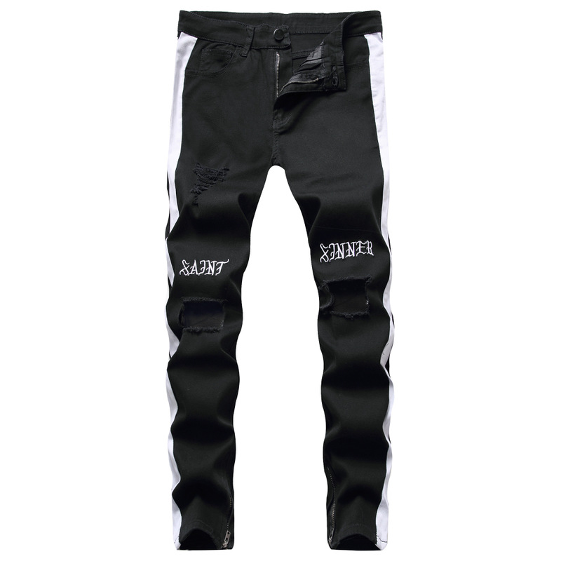 

The new summer new men foot knee hole embroidered hole jeans teenagers cultivate morality leisure men's trousers, See chart