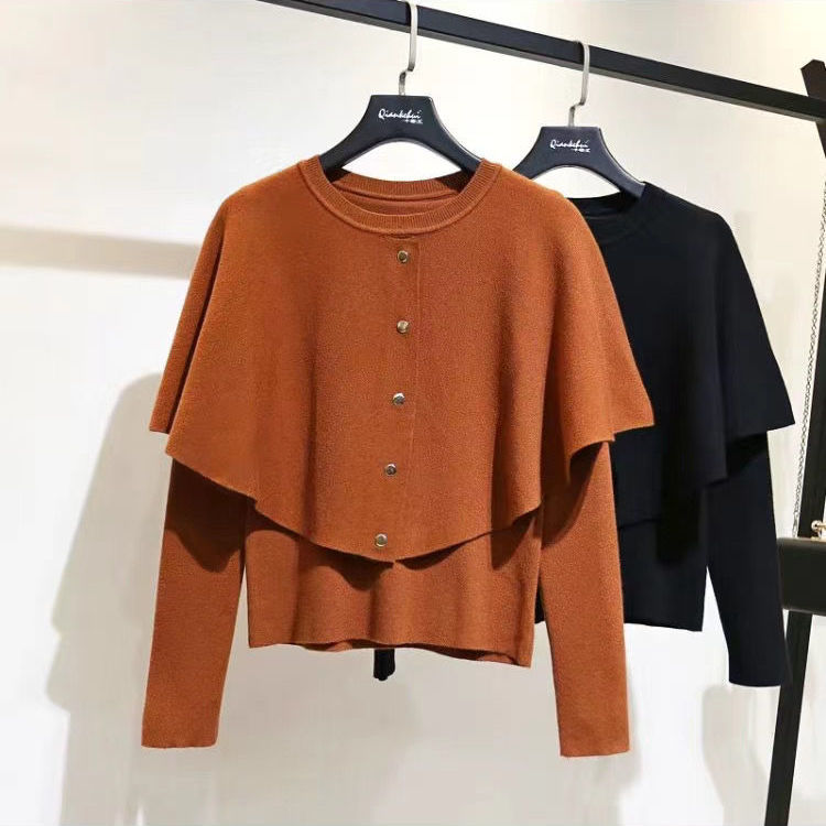 

Women Elegant Autumn Winter knitted Vintage Sweater Cloak Pullovers Female Knitted Lace Ruffles Shirts Lady knitting Shirt, Brown