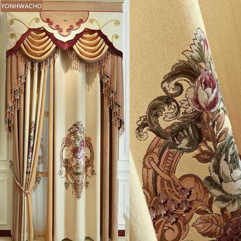 

Custom curtains high-grade single flower cashmere seamless stitching beige cloth blackout curtain valance tulle panel C141