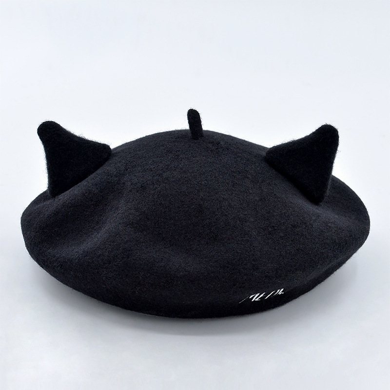 

Letter embroidery cat ears woolen beret painter hat autumn and winter wool beret Women, Black