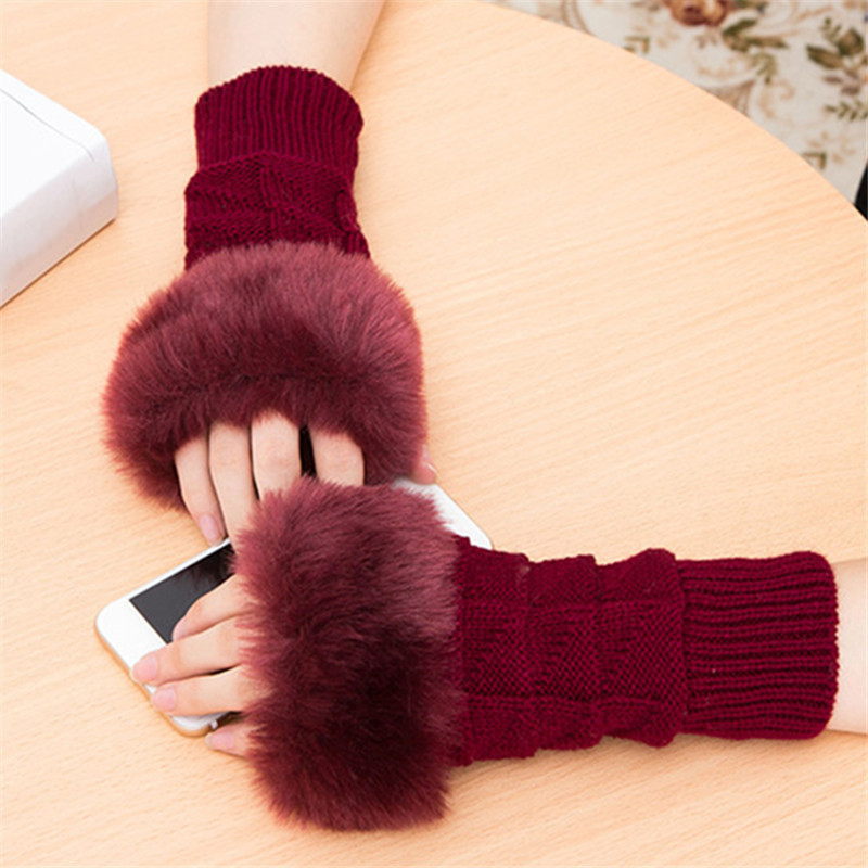 

Wool Blend Faux Fur Women Fingerless Gloves Knitted Crochet Winter Autumn Thick Gloves Warm Half Wrist Mittens Female