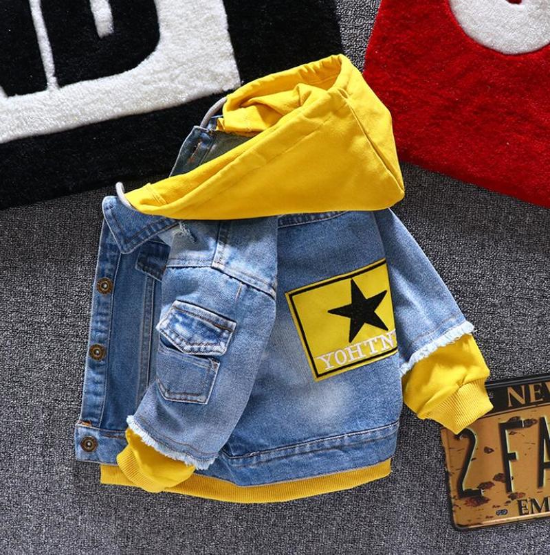 

Boy girl Denim Jackets kids jeans coat Children splice Outerwear clothing Spring Autumn boy hooded sport Clothes For 1-6T kids, Yellow