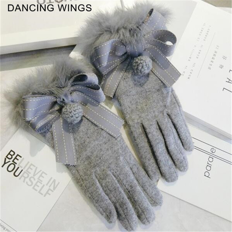 

Winter Wrist Ladies Cashmere Gloves For Touch Screen Female Fur Wool Mittens Gloves Elegant Bow Glove Women