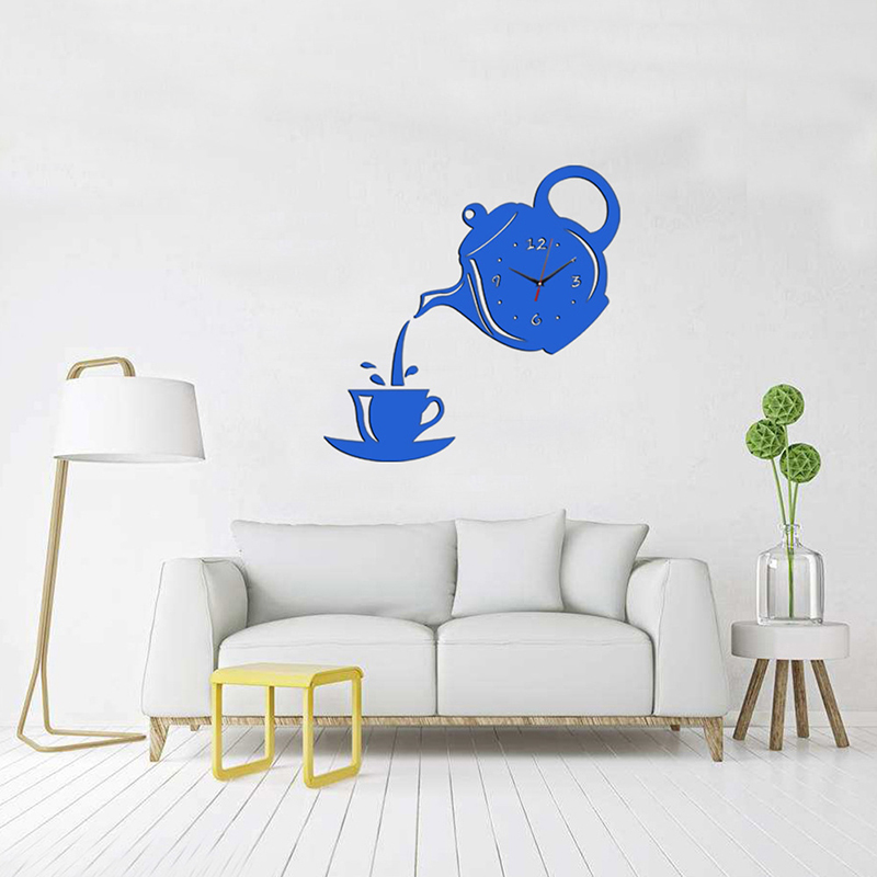 

3D Wall Clock Teapot Pattern Clock Sticker Diy Acrylic Mirror Stickers Quartz Watch Decorative Clocks Home Living Room Decor