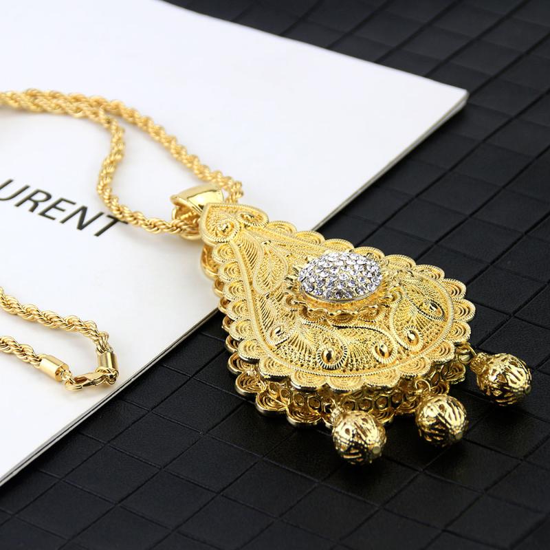 

Sunspicems Albania Gold Color Big Pendant Necklace for Women Moroccan Wedding Jewelry Double Layer Hollow Pattern Hip Hop Chain