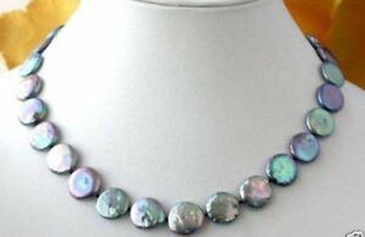 

RARE Charming 12-13MM NATURAL BLACK COIN SHAPE FRESHWATER PEARL NECKLACE 18