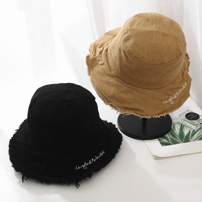 

New Korean fisherman hat fishing outdoor shade retro washed denim hip-hop hat letter embroidery wild basin hat male, Beige